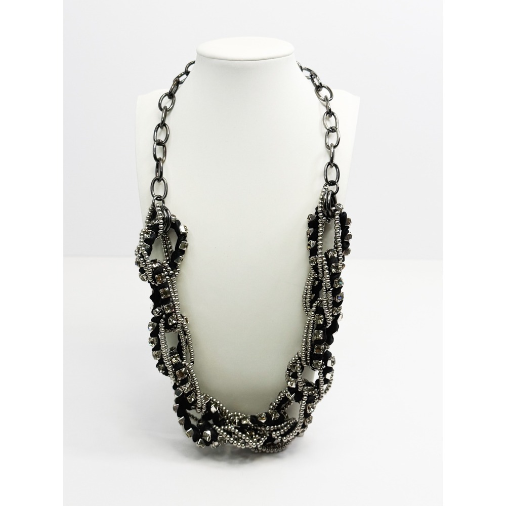 Banana Republic Gunmetal Black Braided Rhinestone Statement Bib Necklace Goth